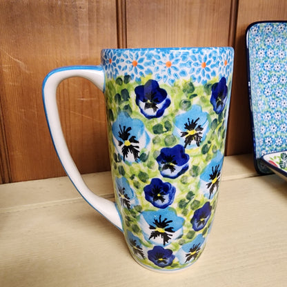 Mug Latte Aqua pansies 16 oz Moja