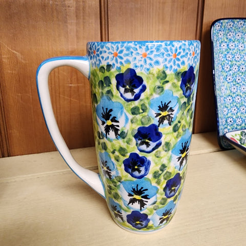 Mug Tall Aqua pansies 16 oz Moja