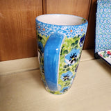 Mug Tall Aqua pansies 16 oz Moja