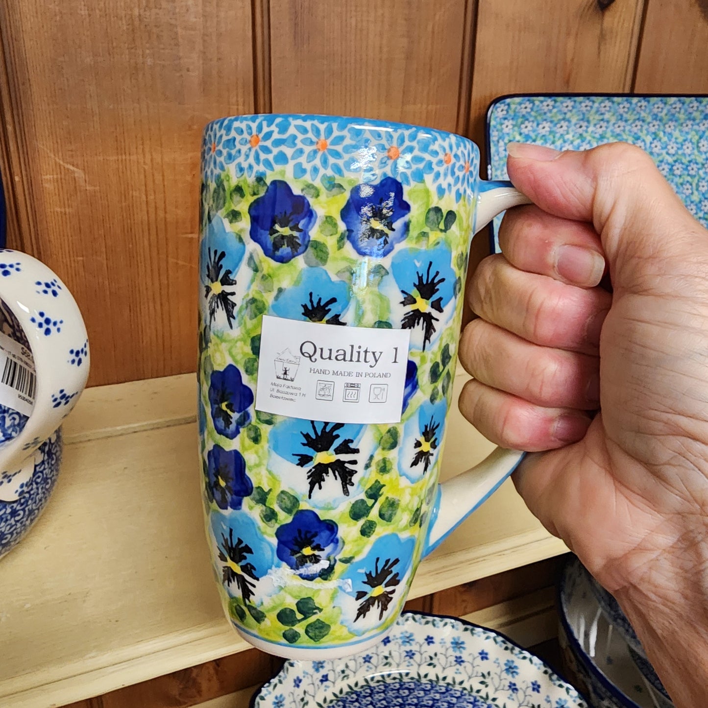 Mug Latte Aqua pansies 16 oz Moja