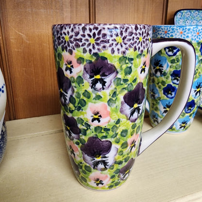 Mug Latte Purple/pink pansies 16 oz Moja