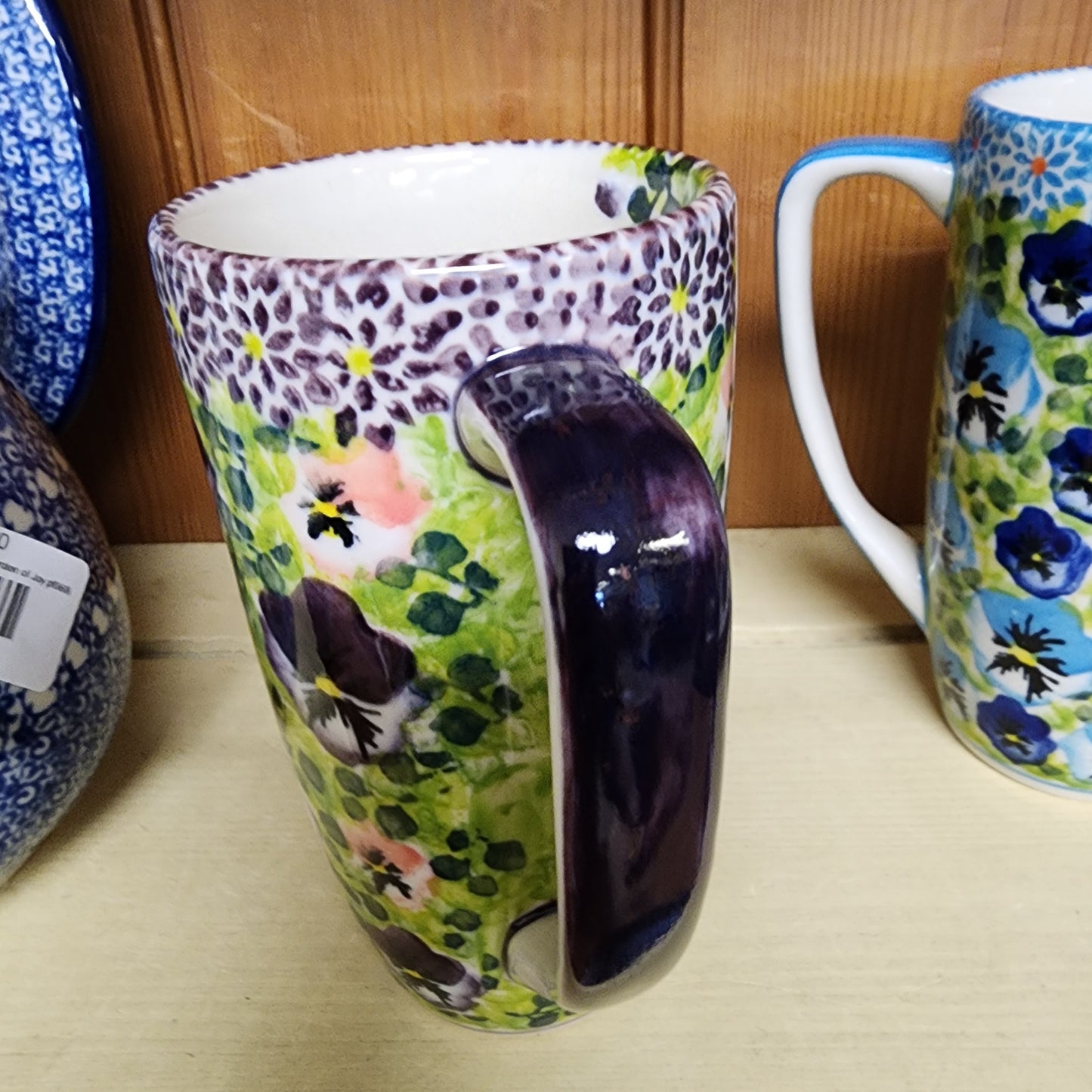 Mug Latte Purple/pink pansies 16 oz Moja