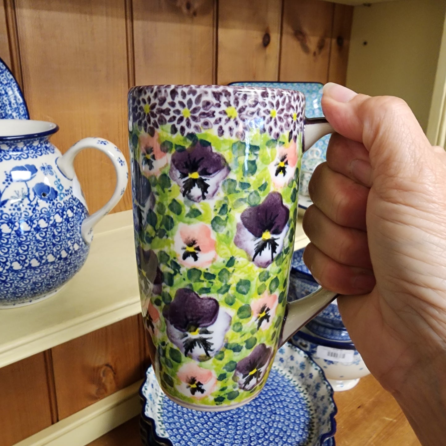 Mug Latte Purple/pink pansies 16 oz Moja