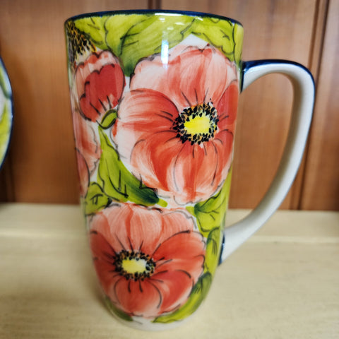 Mug Latte red big floral 16 oz Moja